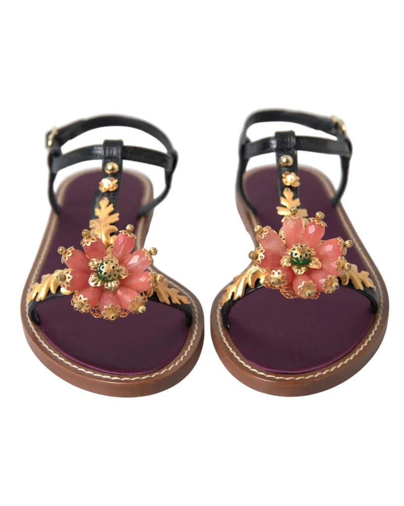 Dolce & Gabbana Women's Black Crystal Gold Sandals Leather Shoes Black