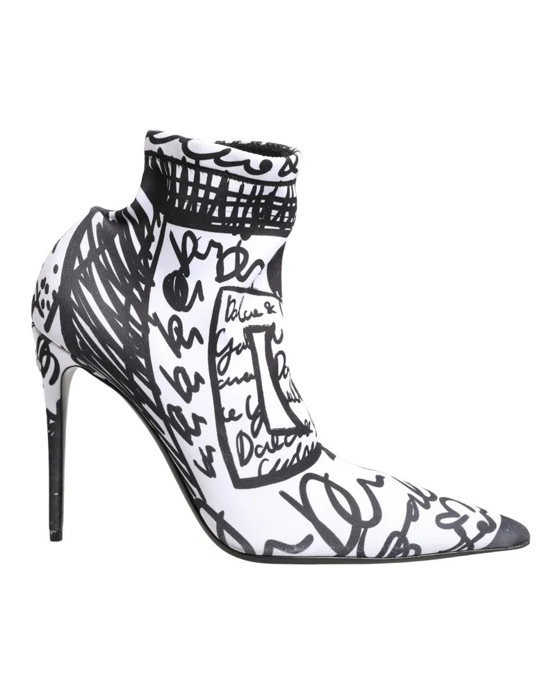 Dolce & Gabbana Women's White Graffiti Stretch Ankle Boots Shoes Elastane Polyester White