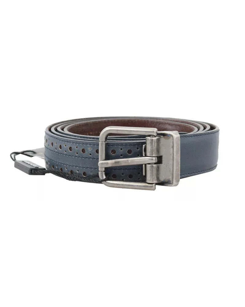 Dolce & Gabbana Men's Blue Perforated Leather Gray Buckle Belt Blue