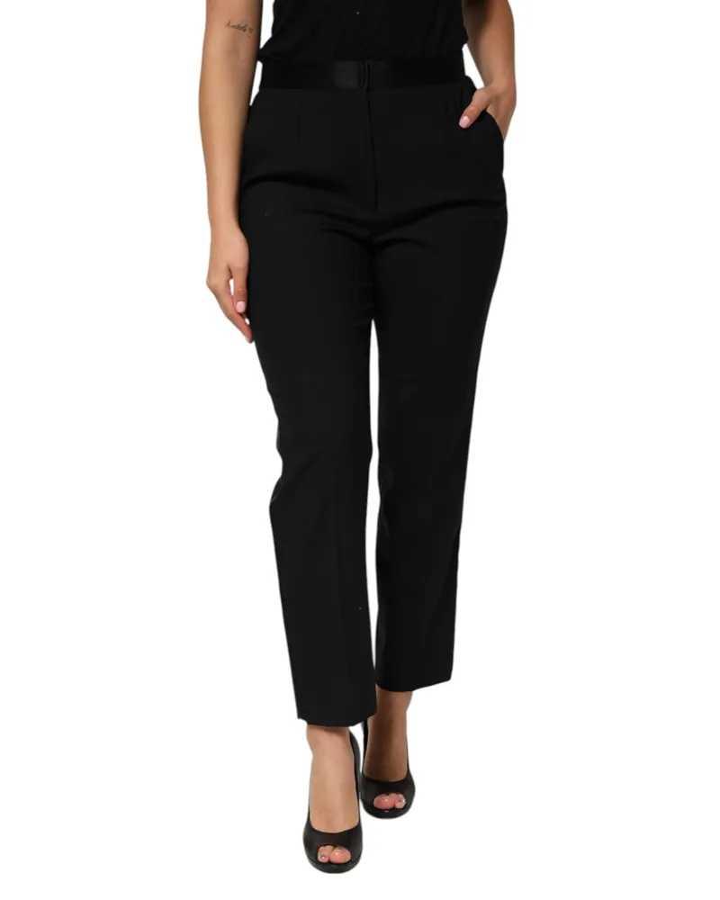 Dolce & Gabbana Women's Black Wool Highwaist Tapered Trouser Pants Virgin Silk Elastane Black