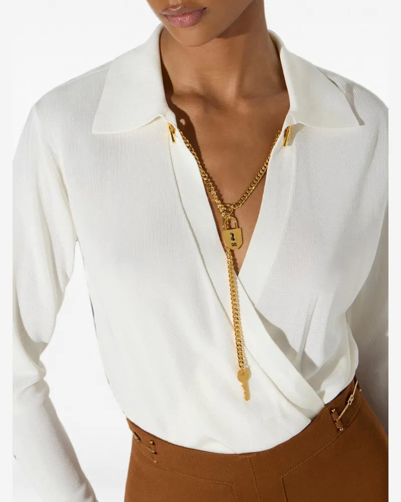 Elisabetta Franchi Gold-Chain Collar Bodysuit — Cream Cream