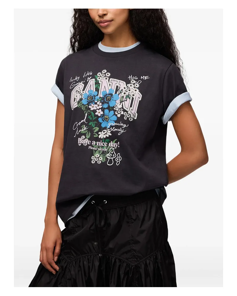 Ganni Floral Logo Print T-Shirt — Black Black