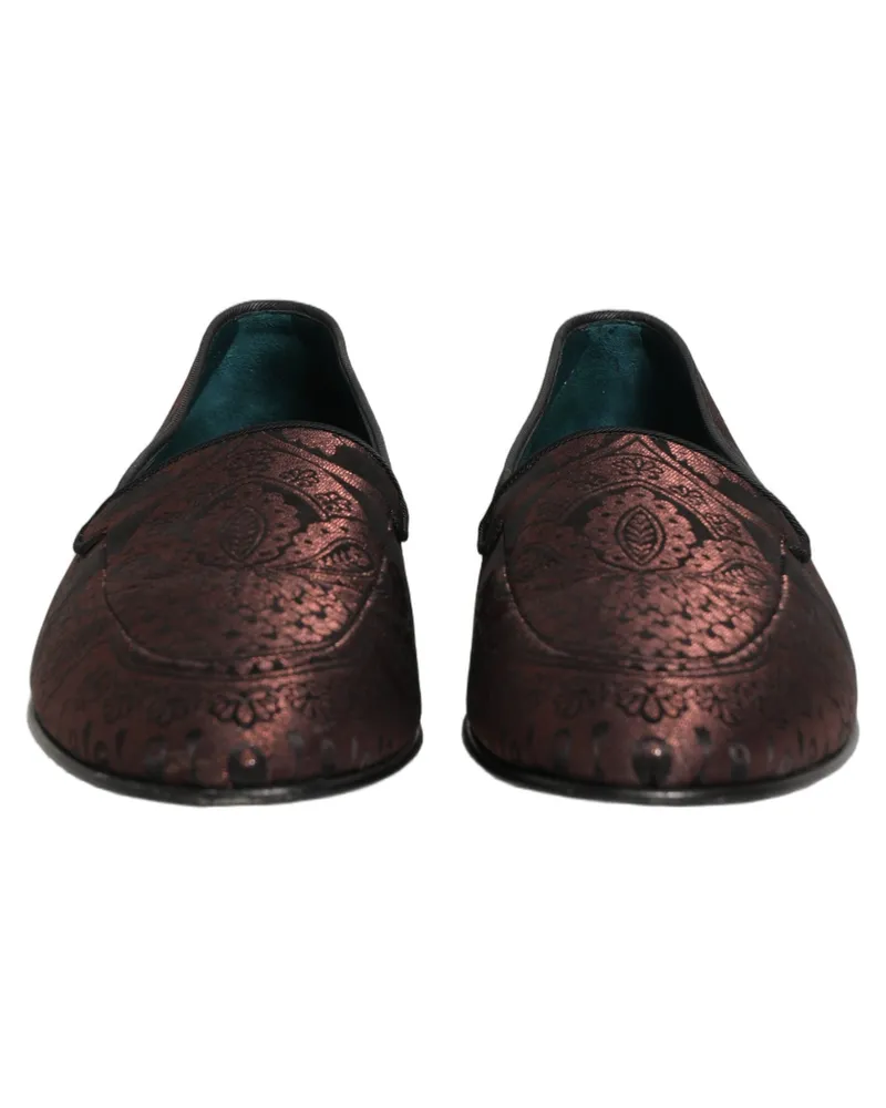 Dolce & Gabbana Men's Maroon Jacquard Leather Slip On Loafers Shoes Burgundy