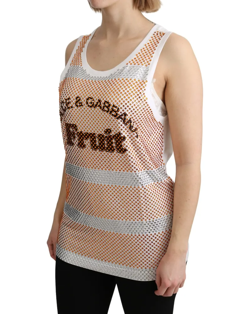 Dolce & Gabbana Women White Orange Crystal Sleeveless Tank Cotton Top White