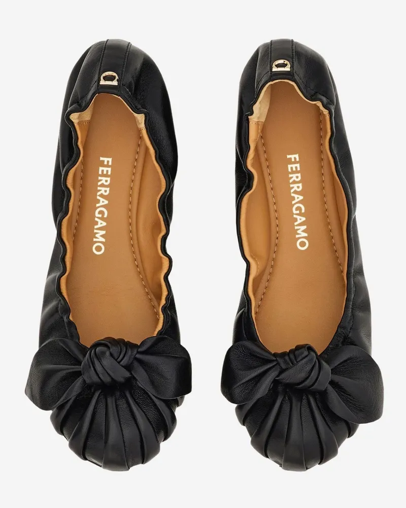 Ferragamo Nappa Leather Bow Ballerina Flat — Black 