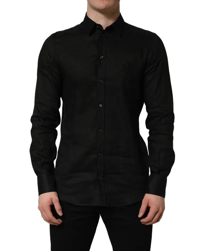 Dolce & Gabbana Men Black Martini Long Sleeves Linen Dess Shirt Black