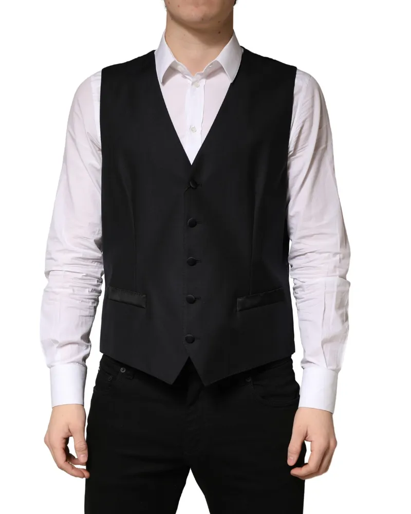 Dolce & Gabbana Black Wool Single Breasted Men Waistcoat Vest Virgin Silk Nylon Flax Clothing Black