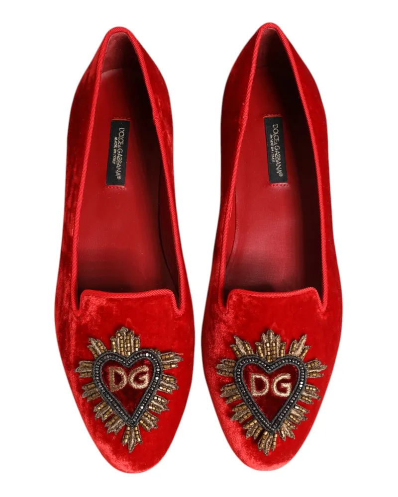 Dolce & Gabbana Women's Red Velvet Dg Heart Loafers Flats Shoes Viscose Silk Red