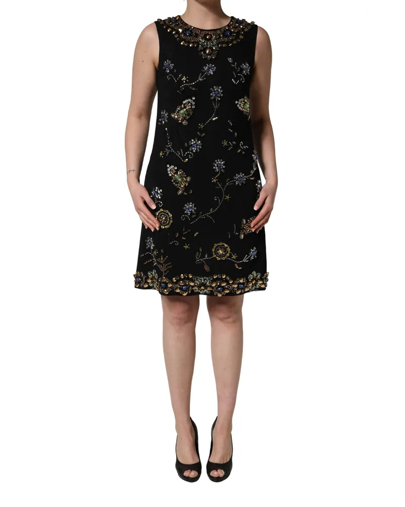 Dolce & Gabbana Women's Black Sleeveless Floral Bead Embellishments Dress Viscose Acetate Elastane Black