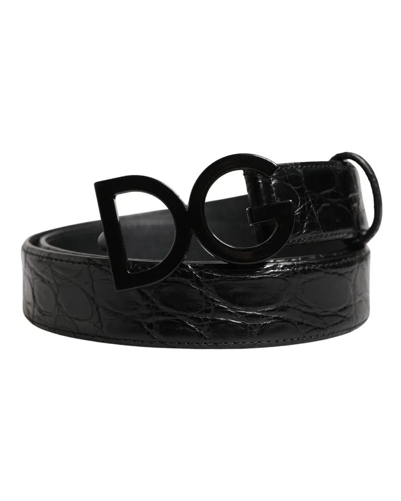 Dolce & Gabbana Men Black Exotic Leather Logo Buckle Belt Caiman Black