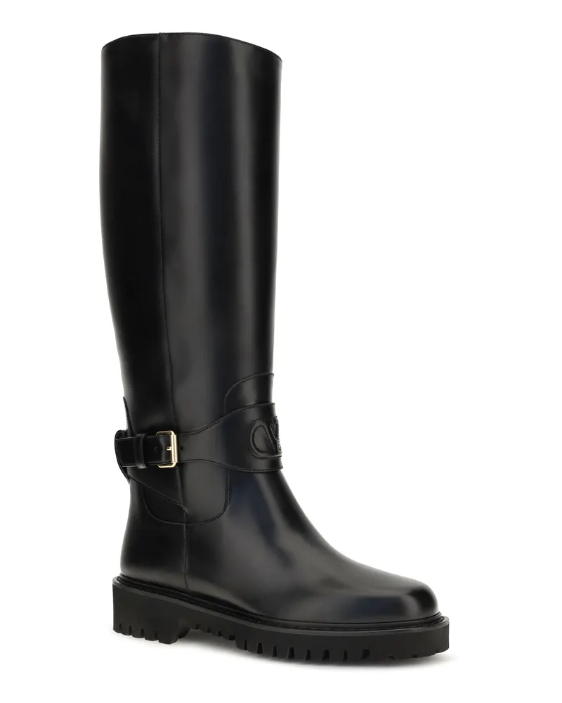Valentino Garavani Women's Vlogo Signature Calfskin High Boots Nero Calf Leather Bos Taurus Black