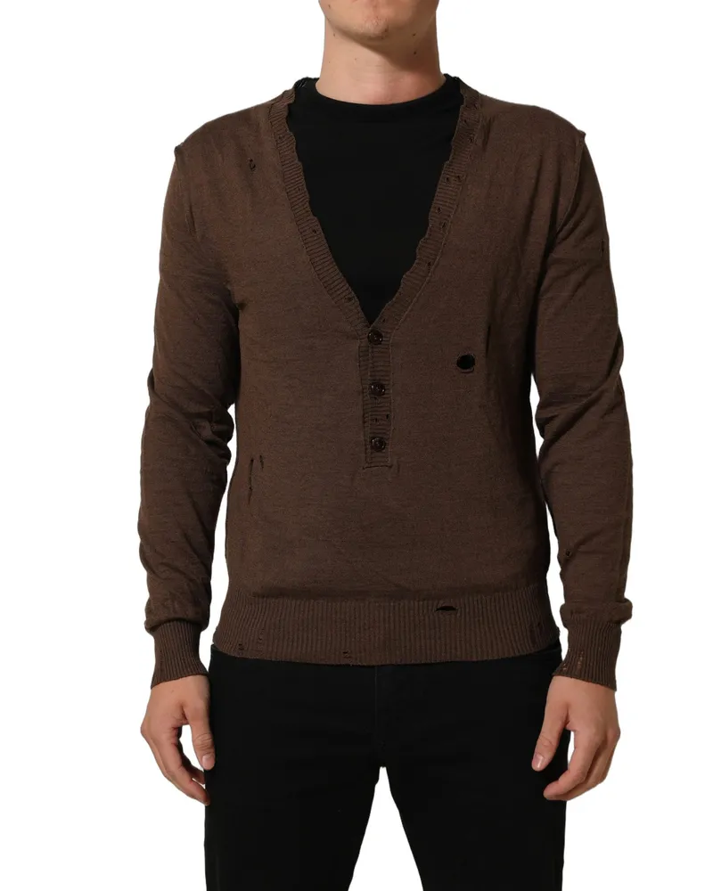 Dolce & Gabbana Linen-Blend V-Neck with Button Closure Sweater — Brown Brown