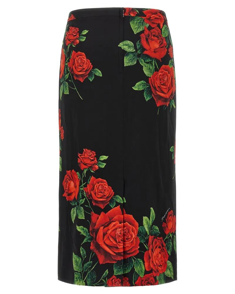 Dolce & Gabbana Rose-Print Charmeuse Skirt — Black Black