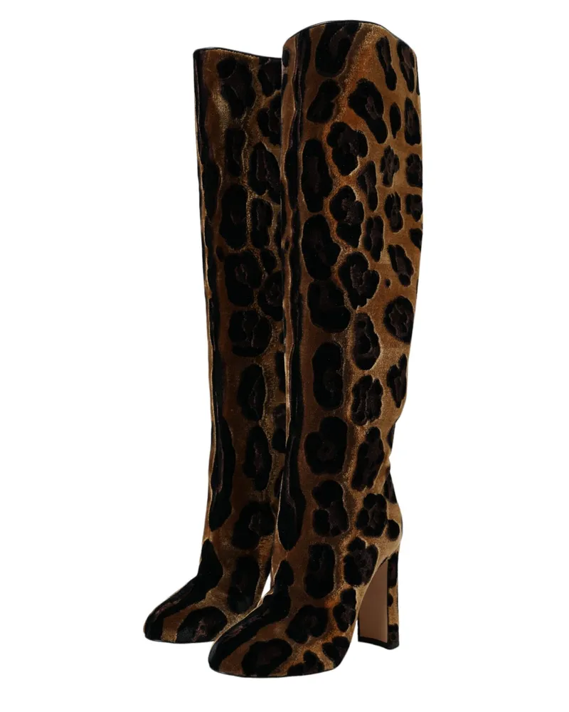 Dolce & Gabbana Unisex Brown Giraffe Velvet Leather Boots Shoes Viscose Brown