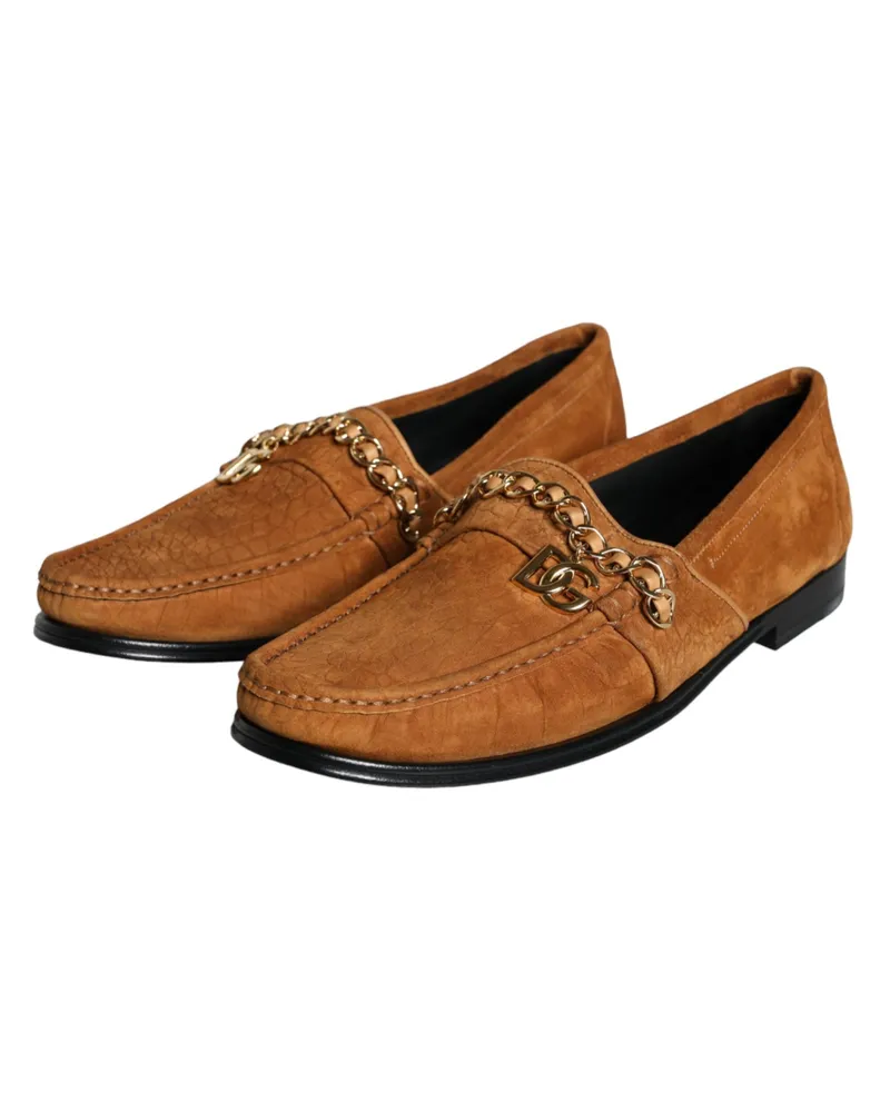 Dolce & Gabbana Men's Brown Velvet Leather Logo Mocassin Slip On Shoes Brown