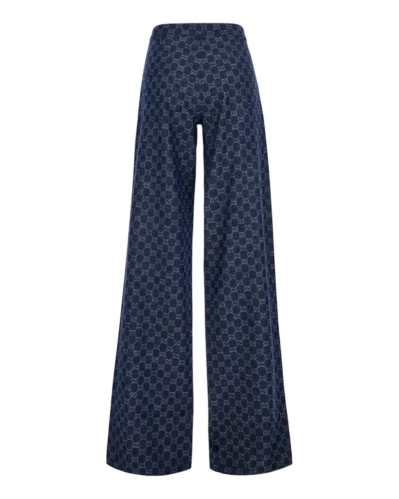 Gucci Women's Chambray Denim Trousers With Gg Print Blue Cotton Blue