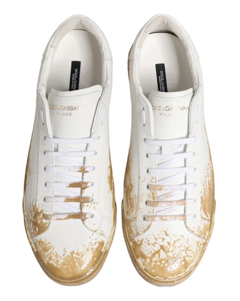 Dolce & Gabbana Men's White Leather Paint Effect Low Top Sneakers Shoes White