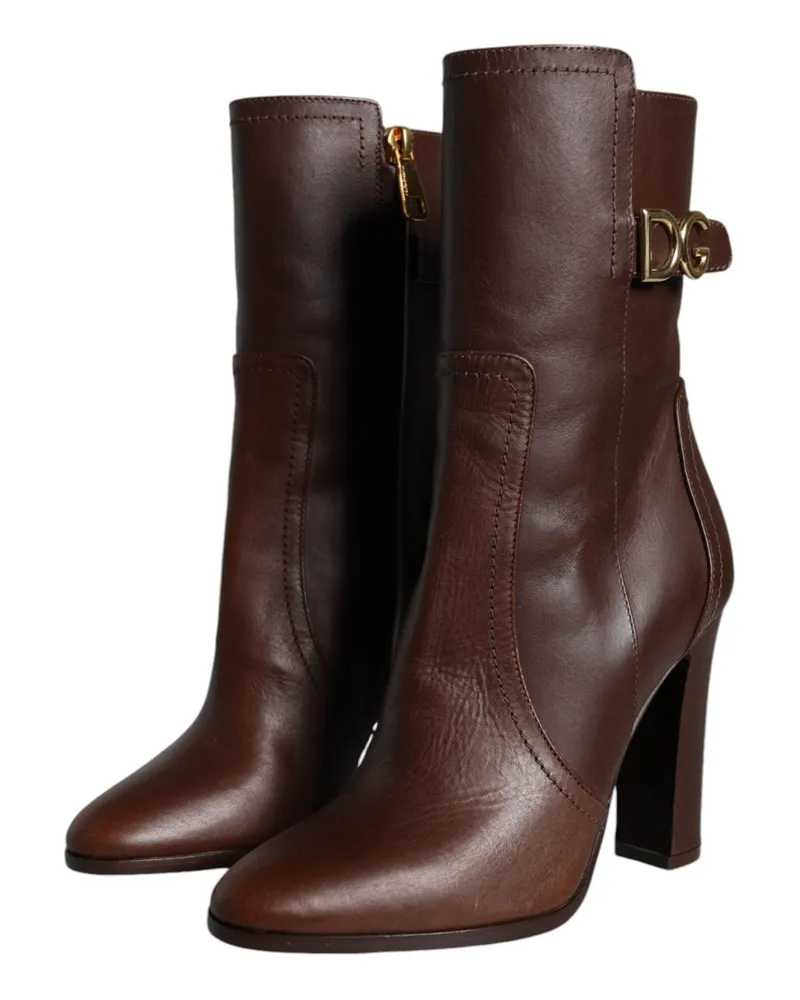 Dolce & Gabbana Women's Brown Leather Heels Mid Calf Boots Shoes Brown