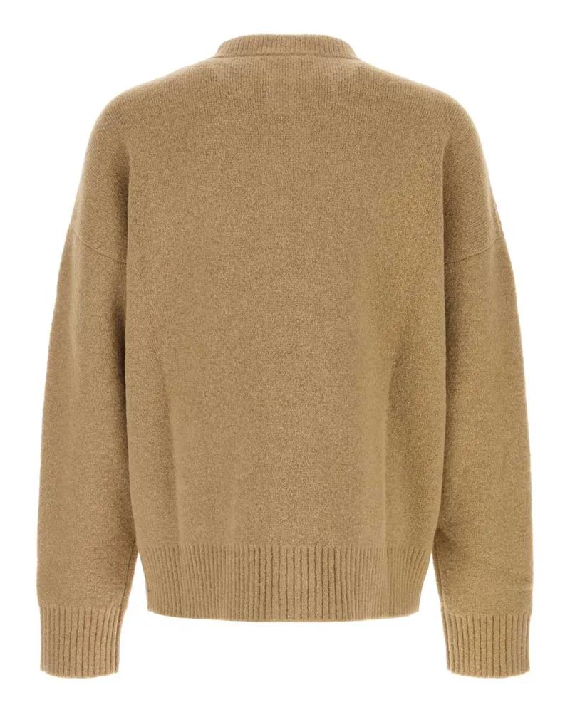 AMI Paris Heart-Embroidered Wool-Blend Cardigan — Beige Beige