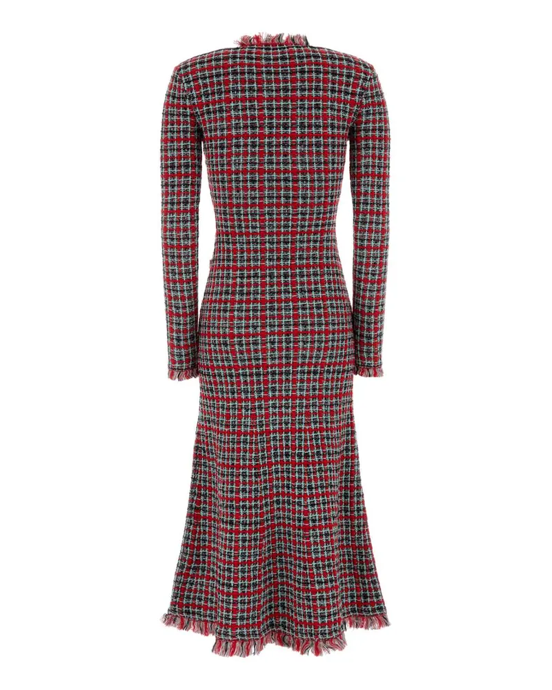 Self-Portrait Women Red Check Frayed Knit Midi Dress Wool Abiti Red