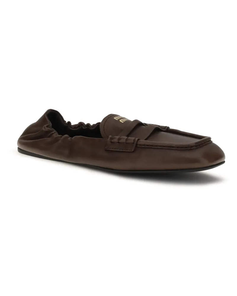 Miu Miu Women's Loafers Ruches Nappa Leather Burl Brown Lambskin Brown