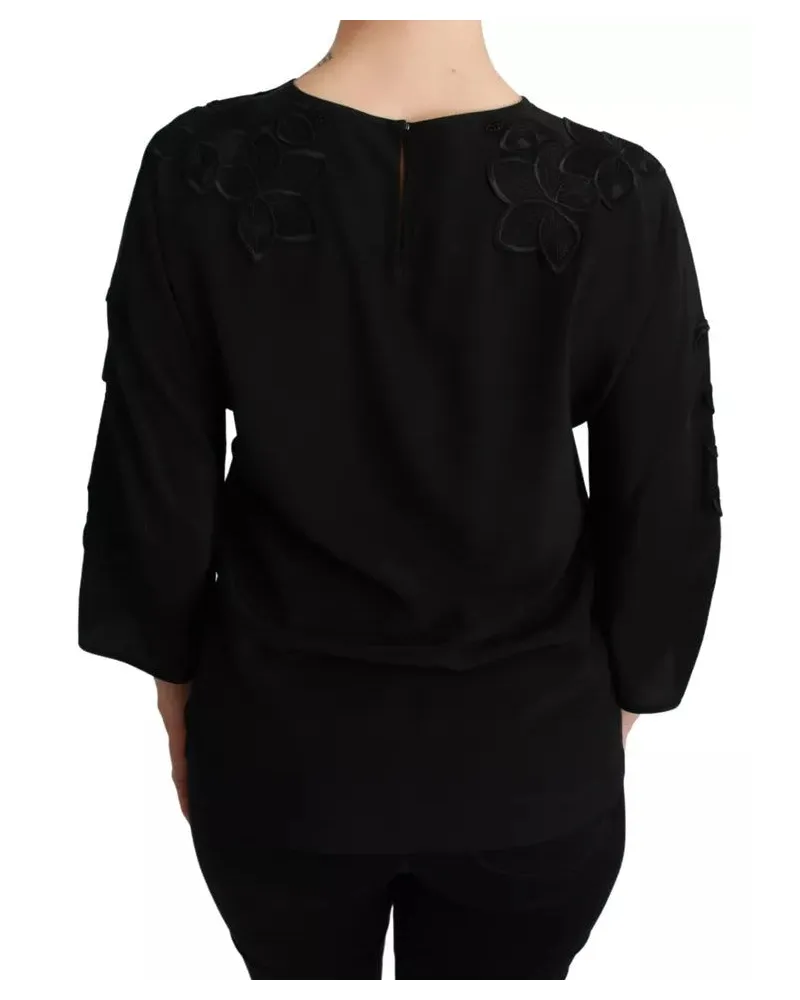 Dolce & Gabbana Women Black Floral Embroidered Blouse Silk Top Black