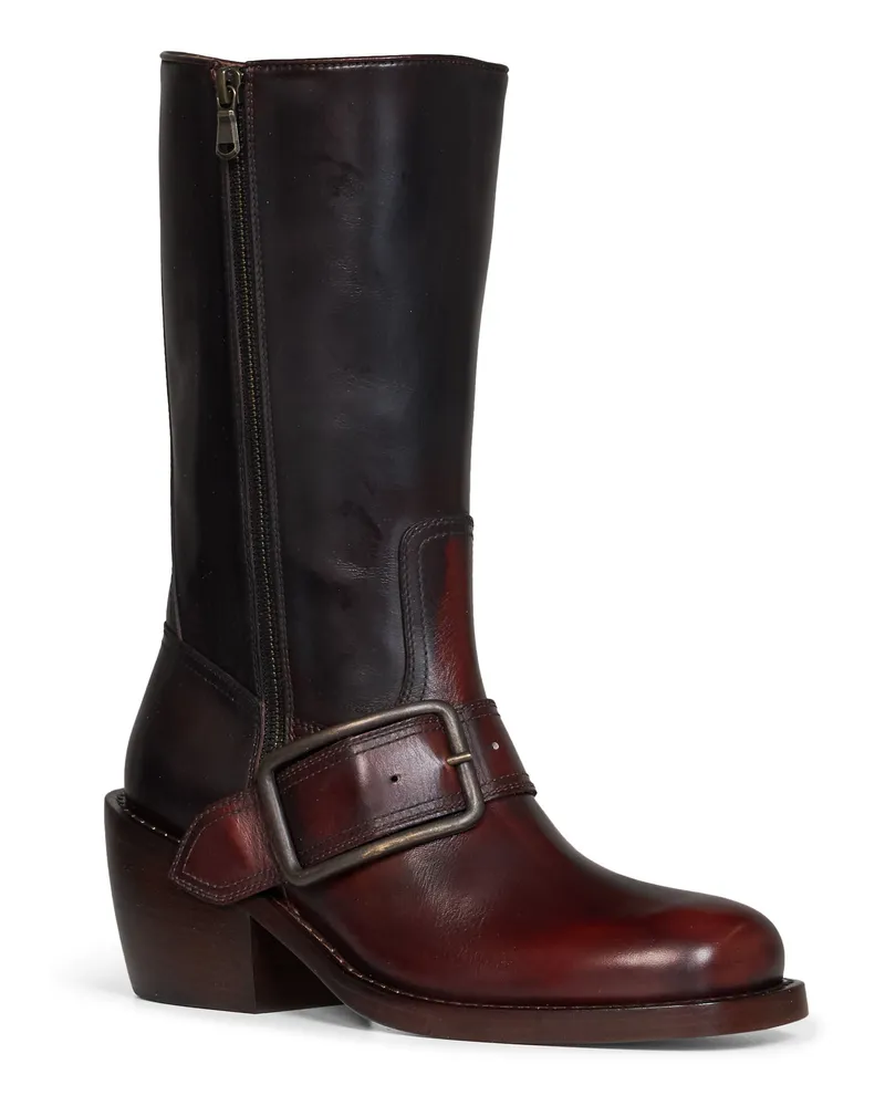 Dries van Noten Buckled Brushed Leather Mid-Calf Boot — Brown Brown