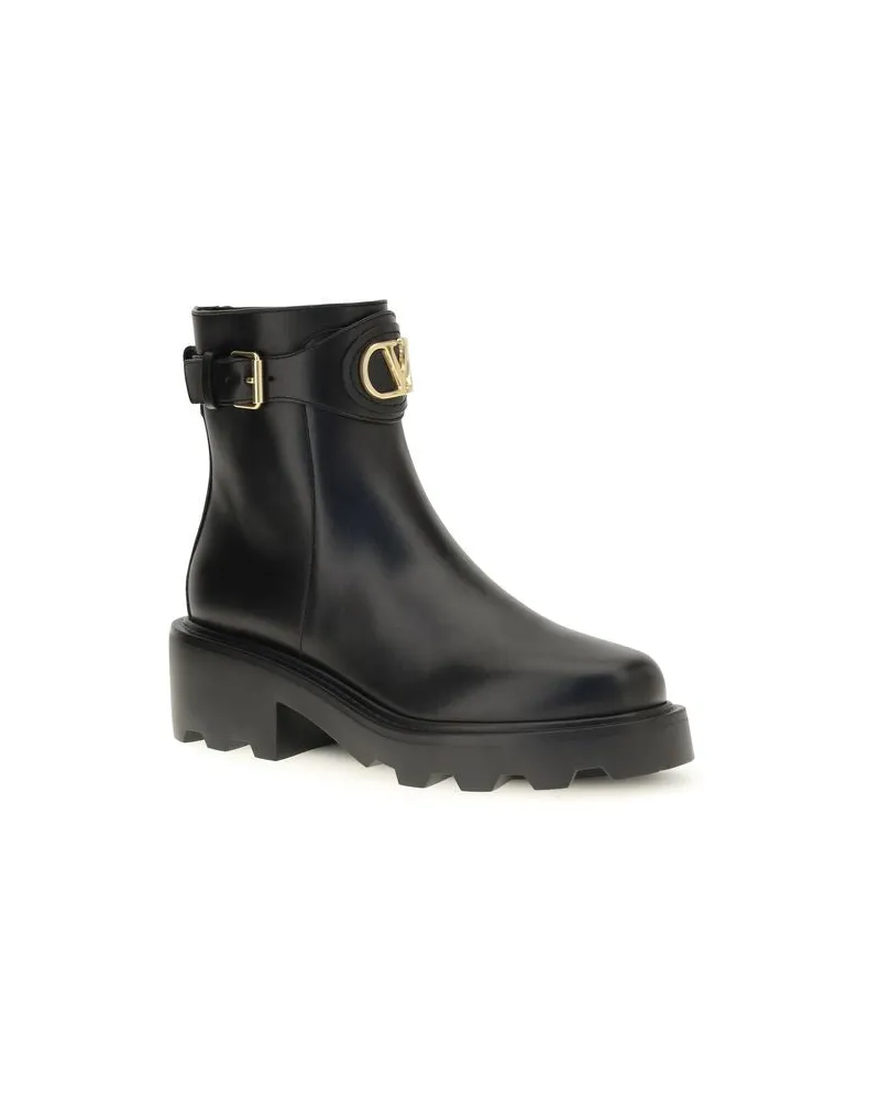 Valentino Garavani Women's Black Calf Leather Bos Taurus Ankle Boots Black