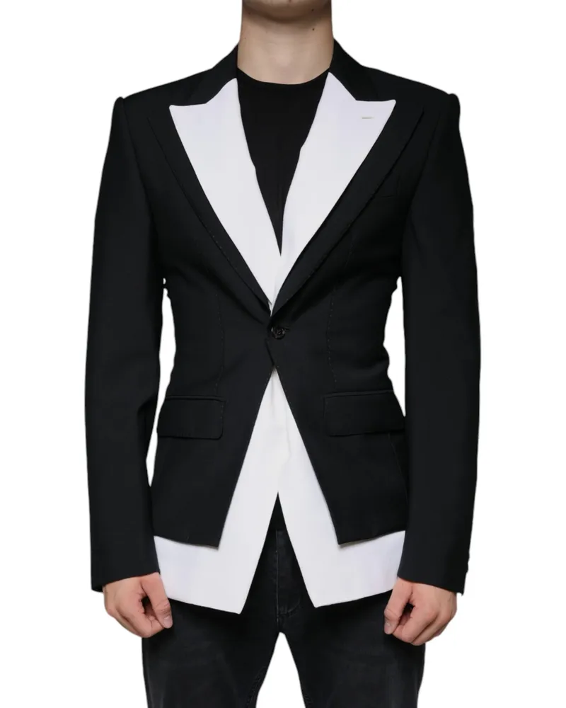 Dolce & Gabbana Men's Black White Single Breasted Dress Blazer Virgin Wool Black