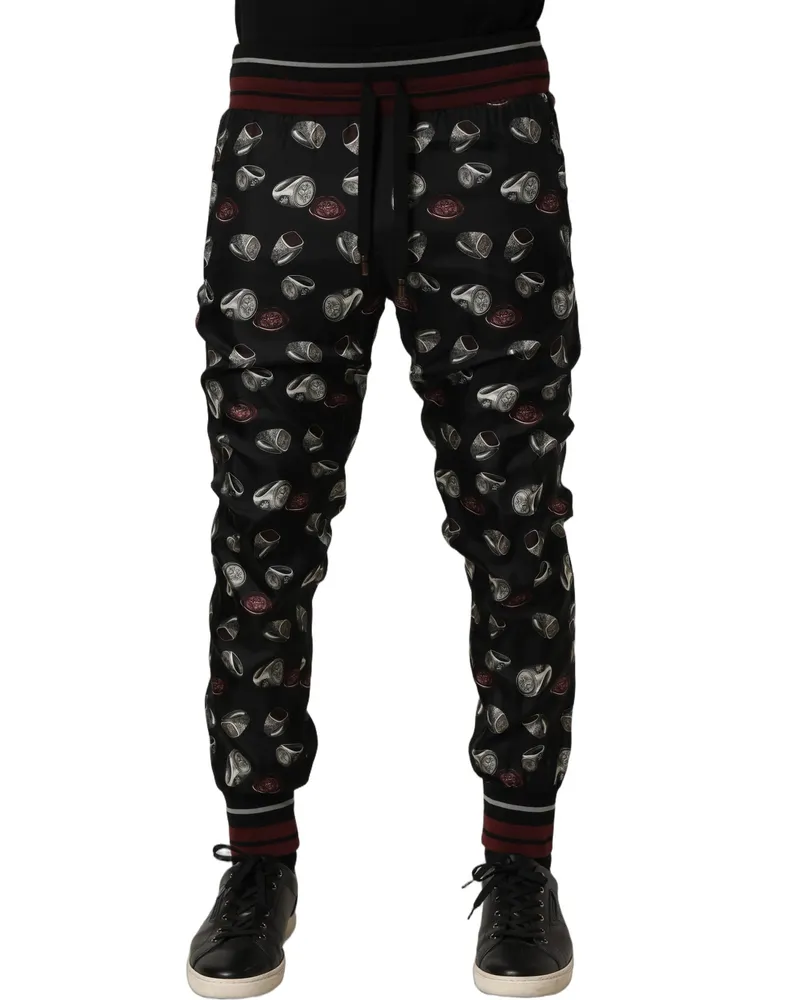 Dolce & Gabbana Men's Pants Black Ring Print Silk Jogging Trousers Black
