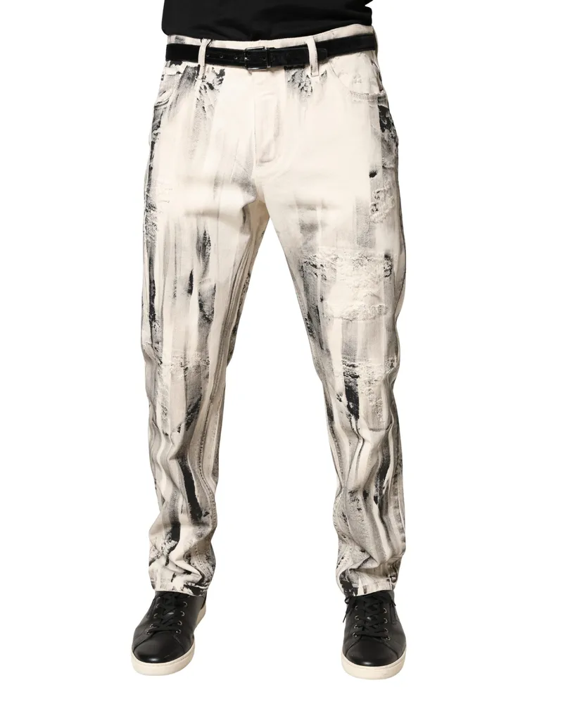Dolce & Gabbana Men's White Distressed Paint Print Loosedenim Jeans Cotton Clothing White