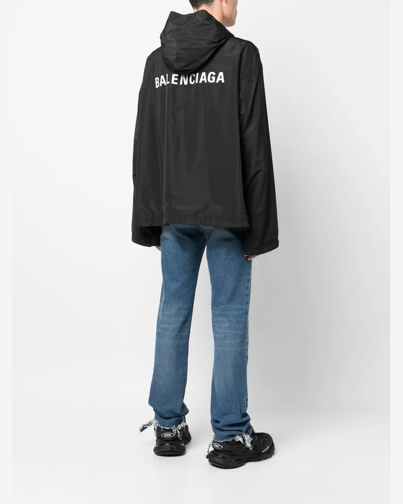 Balenciaga Logo-Print Hooded Windbreaker — Black Black