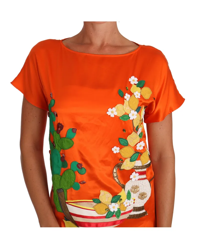 Dolce & Gabbana Women's Silk Orange Lemon Crystal T-Shirt Top Orange