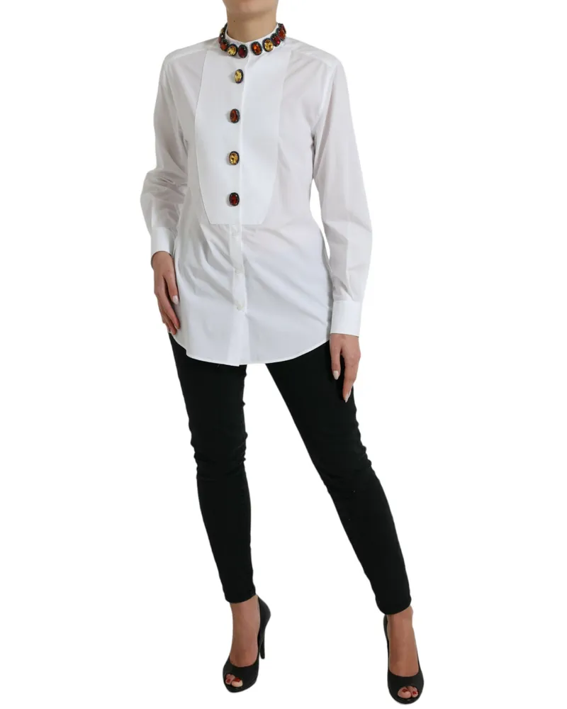 Dolce & Gabbana Women White Cotton Crystals Embellished Shirt Top White