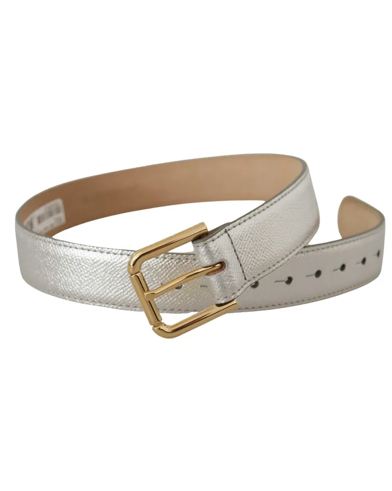 Dolce & Gabbana Women's Silver Leather Gold Tone Logo Metal Waist Buckle Belt Silver