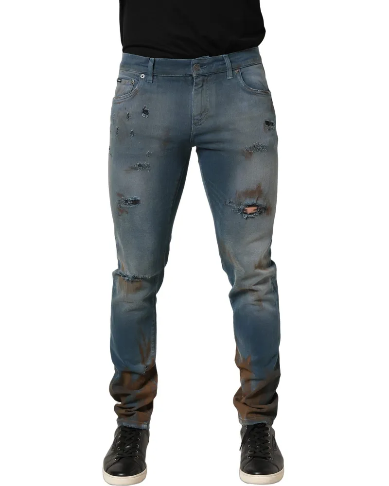 Dolce & Gabbana Men's Blue Distressed Mid Waist Skinny Denim Jeans Cotton Elastane Clothing Blue