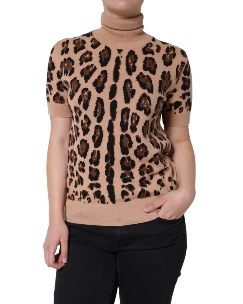 Dolce & Gabbana Women's Beige Leopard Print Wool Turtleneck Top Virgin Beige