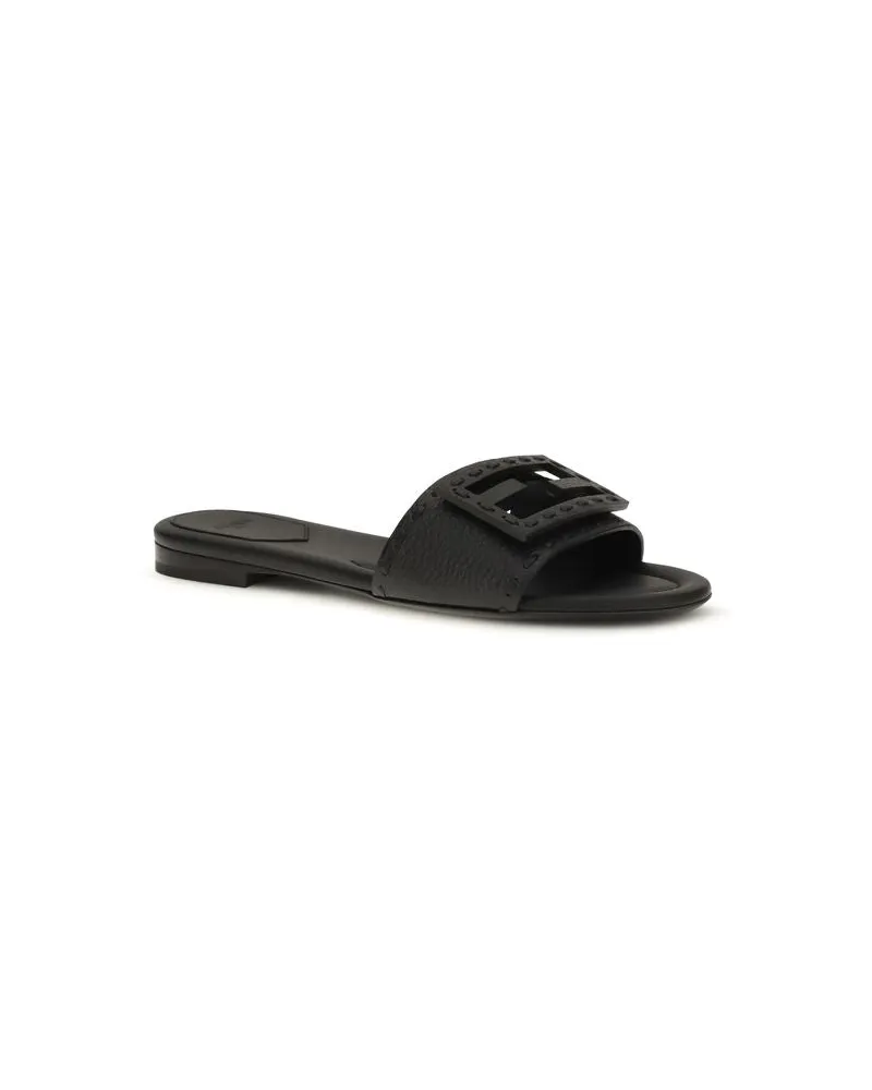 Fendi Women's Black Calf Leather Bos Taurus Flat Sandals Black