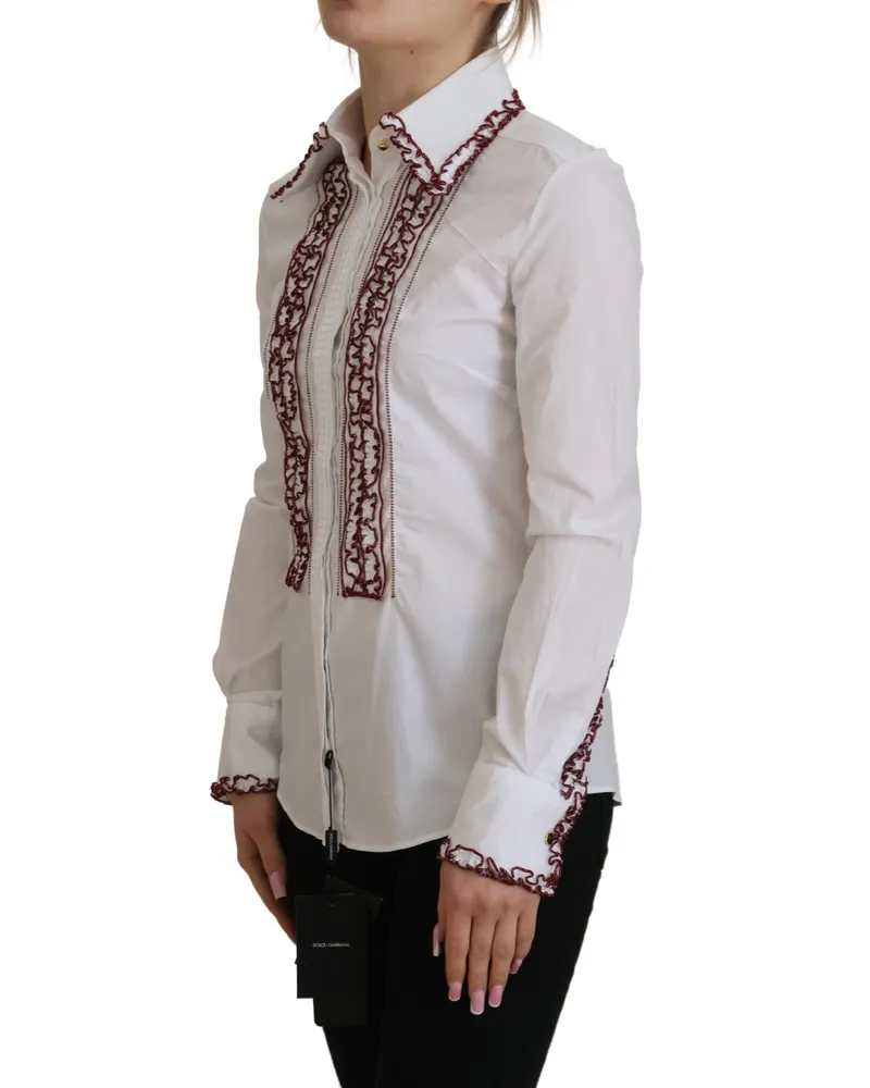 Dolce & Gabbana Women's White Lace Long Sleeves Ruffle Collar Top Cotton Elastane White