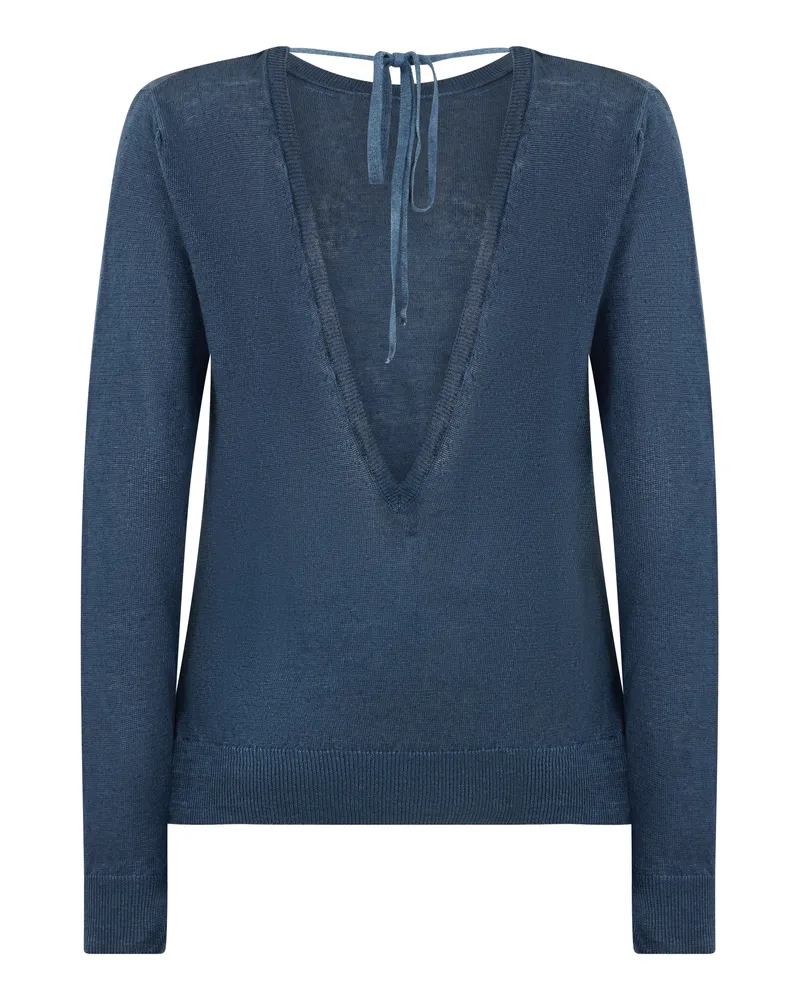 120% Lino Women Linen Sweater Marine Blue Blue
