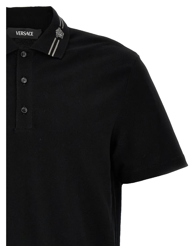 Versace Medusa-Embroidered Cotton Piqué Polo Shirt — Black Black