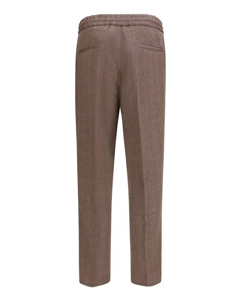 Brunello Cucinelli Men's Pants Herringbone Linen-Wool Hazelnut Trousers Brown