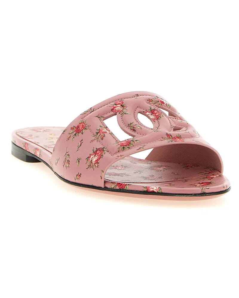 Dolce & Gabbana Rose-Print Leather Slides — Pink Pink