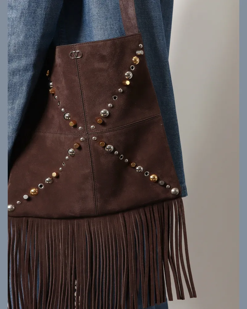 Valentino Garavani Men's Suede Shoulder Bag With Fringes Brown Brown