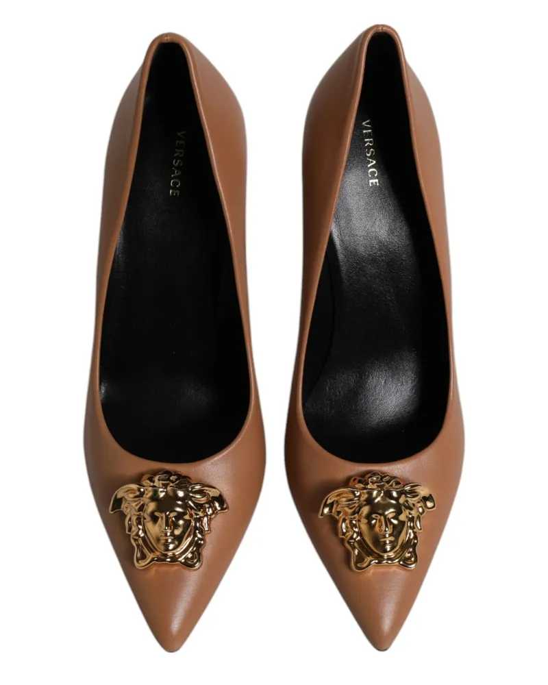Versace Women's Brown Leather Logo Plaque High Heels Pumps Shoes Calf Brown