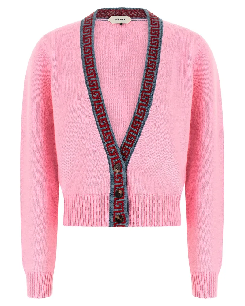Versace Greek-Motif Jacquard Trim Cardigan — Pink Pink