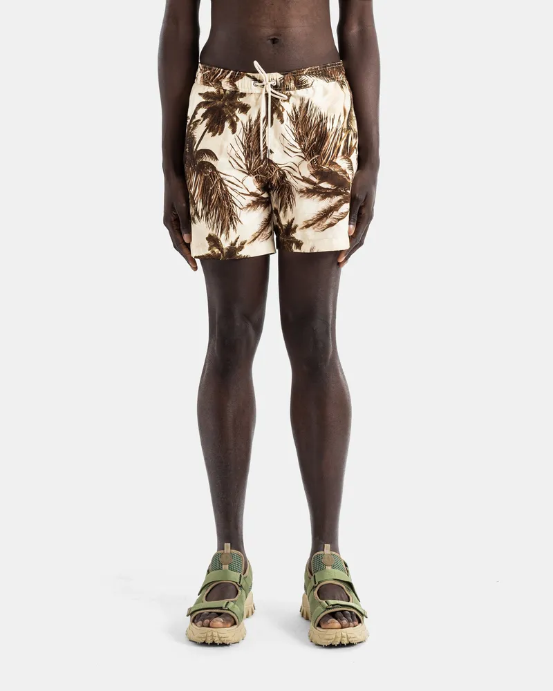 Moncler Men Ivory Polyester Swim Shorts With Sepia Palm Tree Print Beige