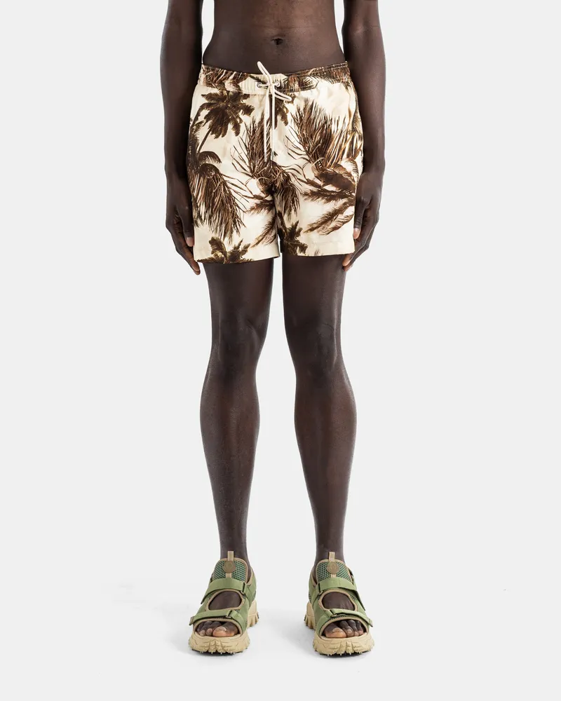 Moncler Men's Ivory Polyester Swim Shorts With Sepia Palm Tree Print Beige