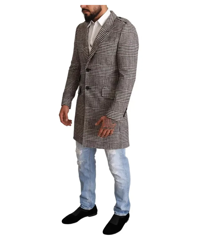 Dolce & Gabbana Men's Gray Check Plaid Long Trench Coat Jacket Cotton Clothing Gray