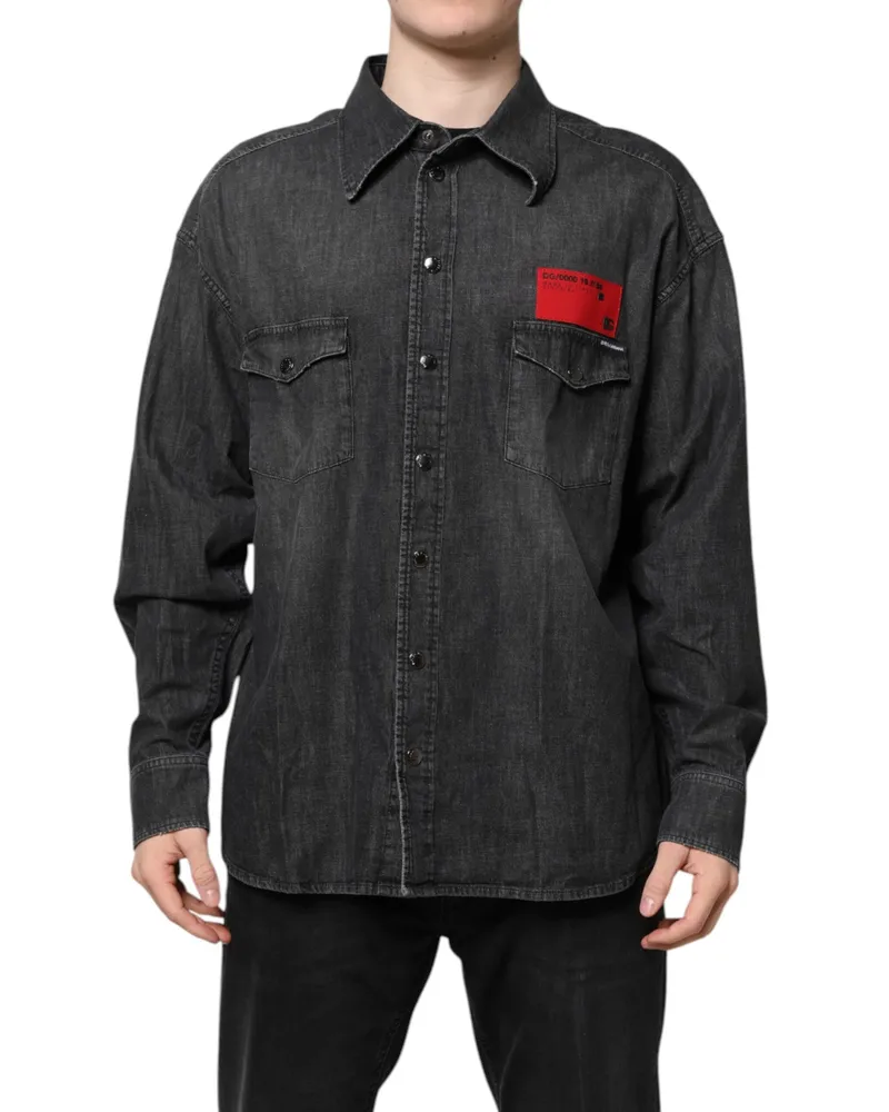 Dolce & Gabbana Men's Gray Long Sleeves Button Down Denim Shirt Dark Cotton Gray